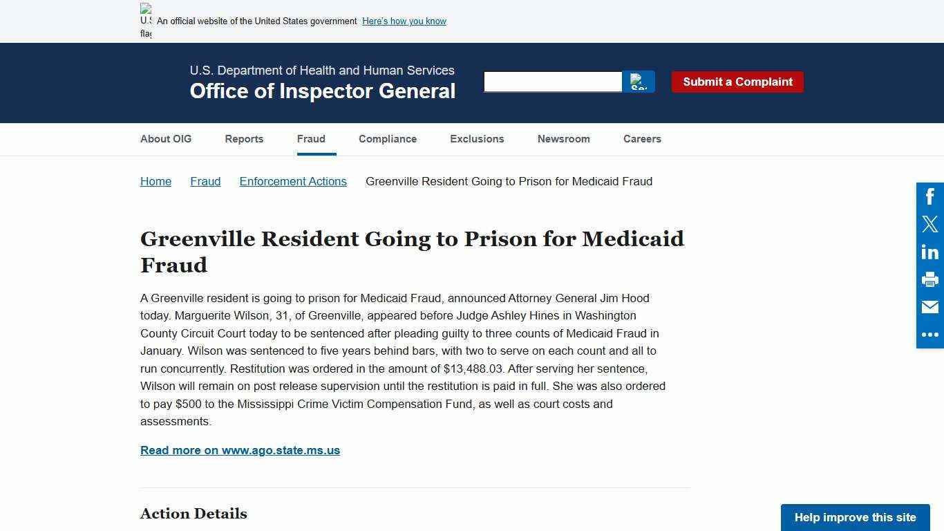 Greenville Resident Going to Prison for Medicaid Fraud Office of Inspector General Government Oversight U.S. Department of Health and Human Services